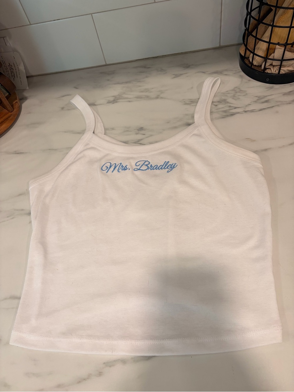 Bella Canvas White Camisole with Light Blue 'Mrs. Bradley' Embroidery
